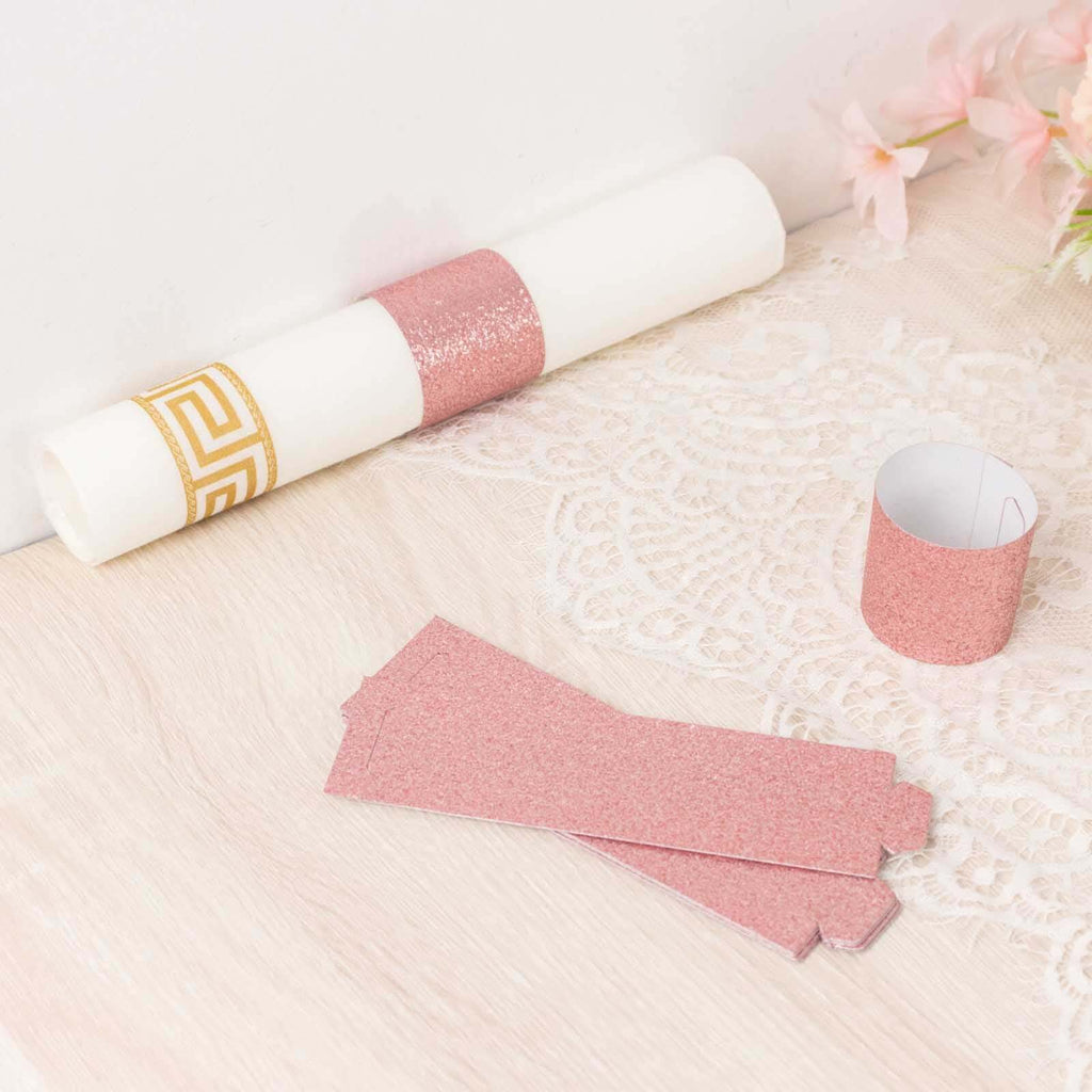 50 - Pack Paper Napkin Rings Rose Gold Glitter - Stylish Disposable Napkin Holders 1.5" - Bell Racket Store