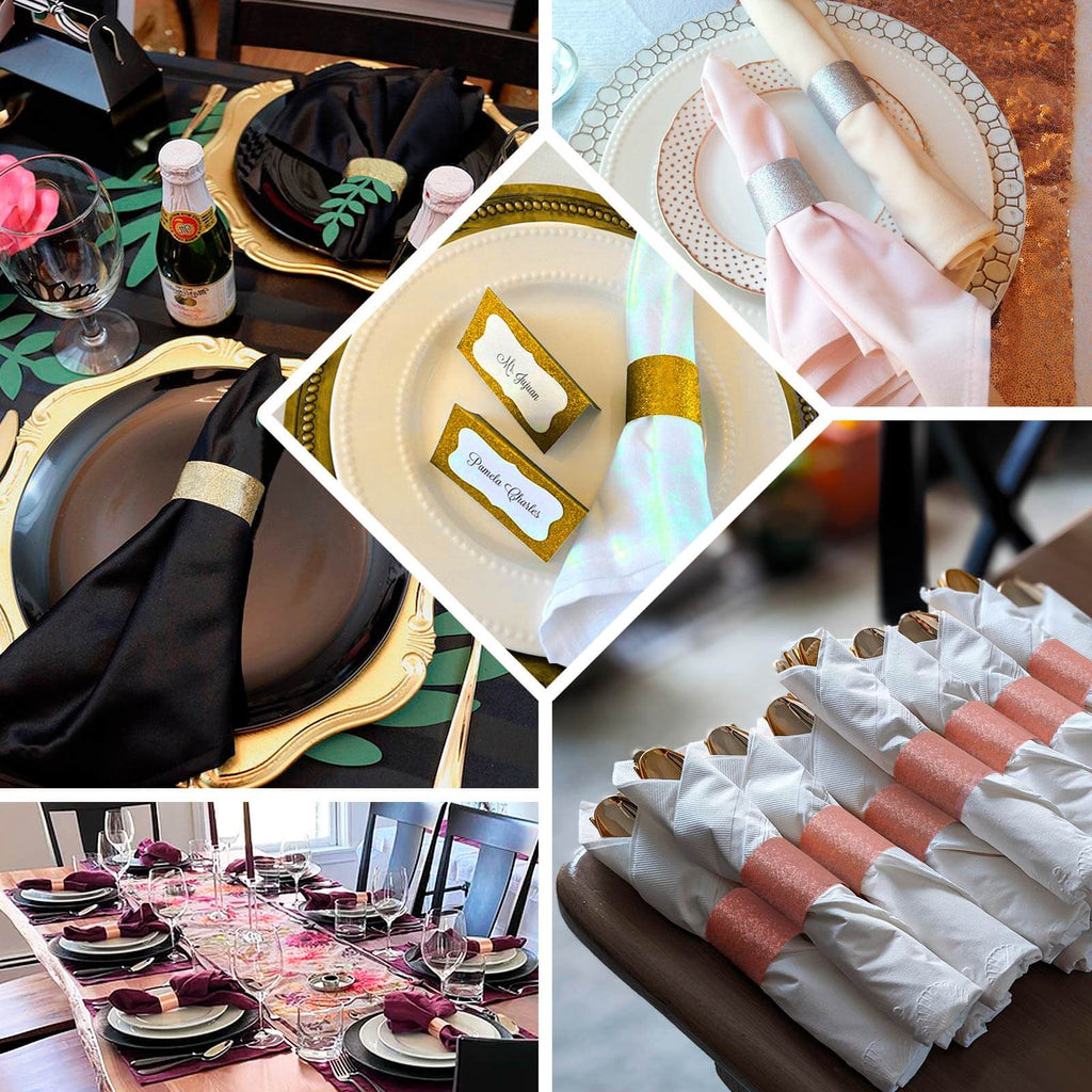 50 - Pack Paper Napkin Rings Rose Gold Glitter - Stylish Disposable Napkin Holders 1.5" - Bell Racket Store