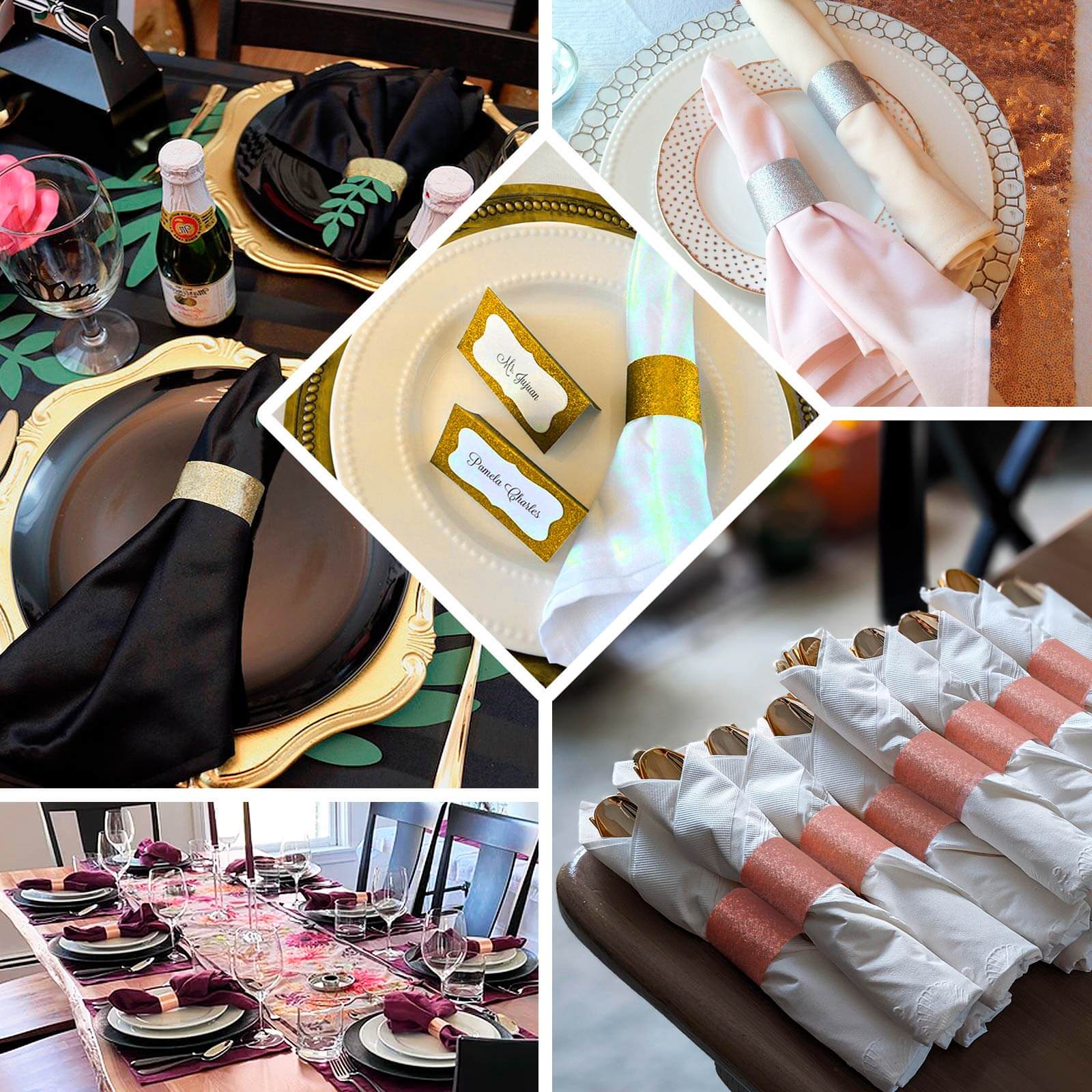 50 - Pack Paper Napkin Rings Rose Gold Glitter - Stylish Disposable Napkin Holders 1.5" - Bell Racket Store