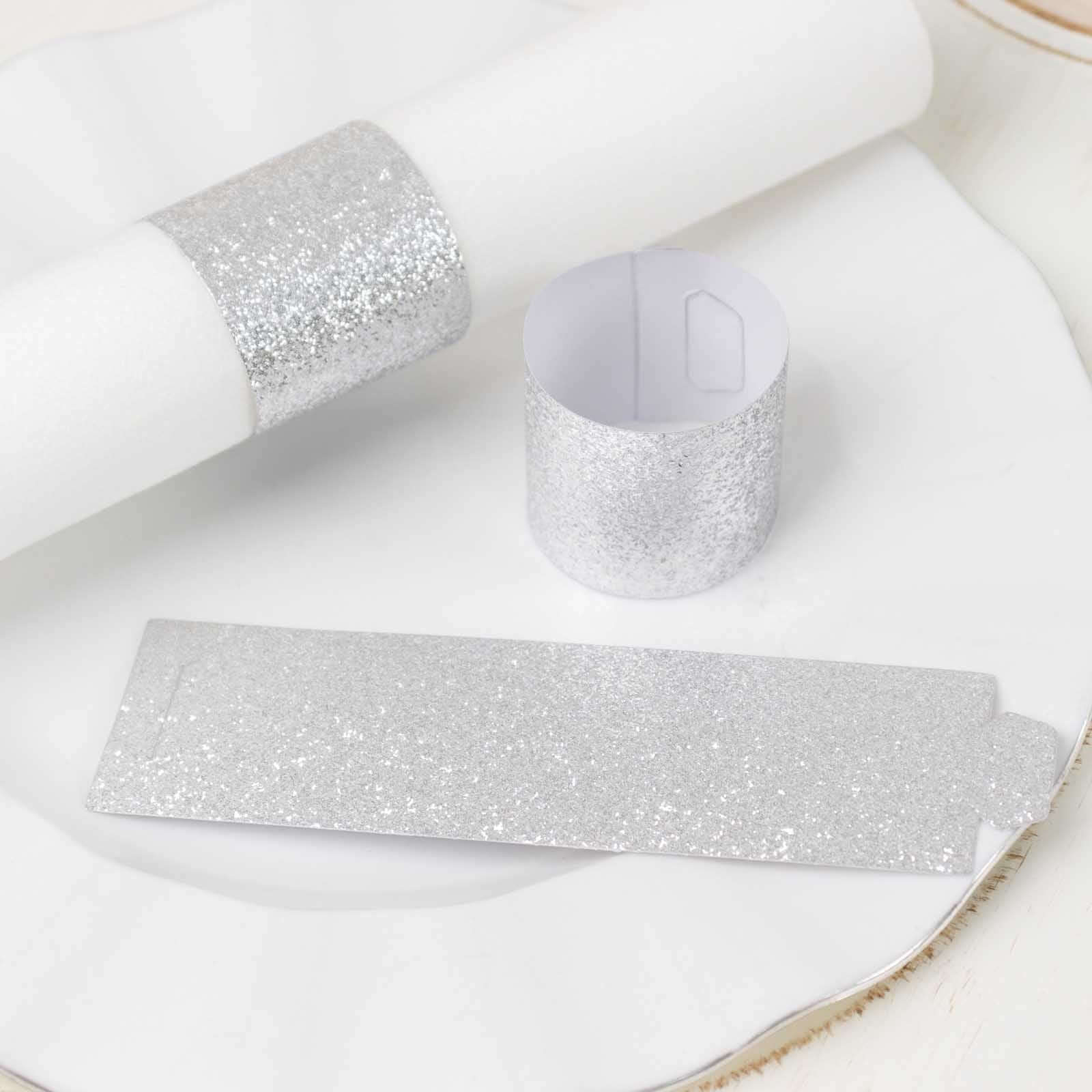 50 - Pack Paper Napkin Rings Silver Glitter - Stylish Disposable Napkin Holders 1.5" - Bell Racket Store