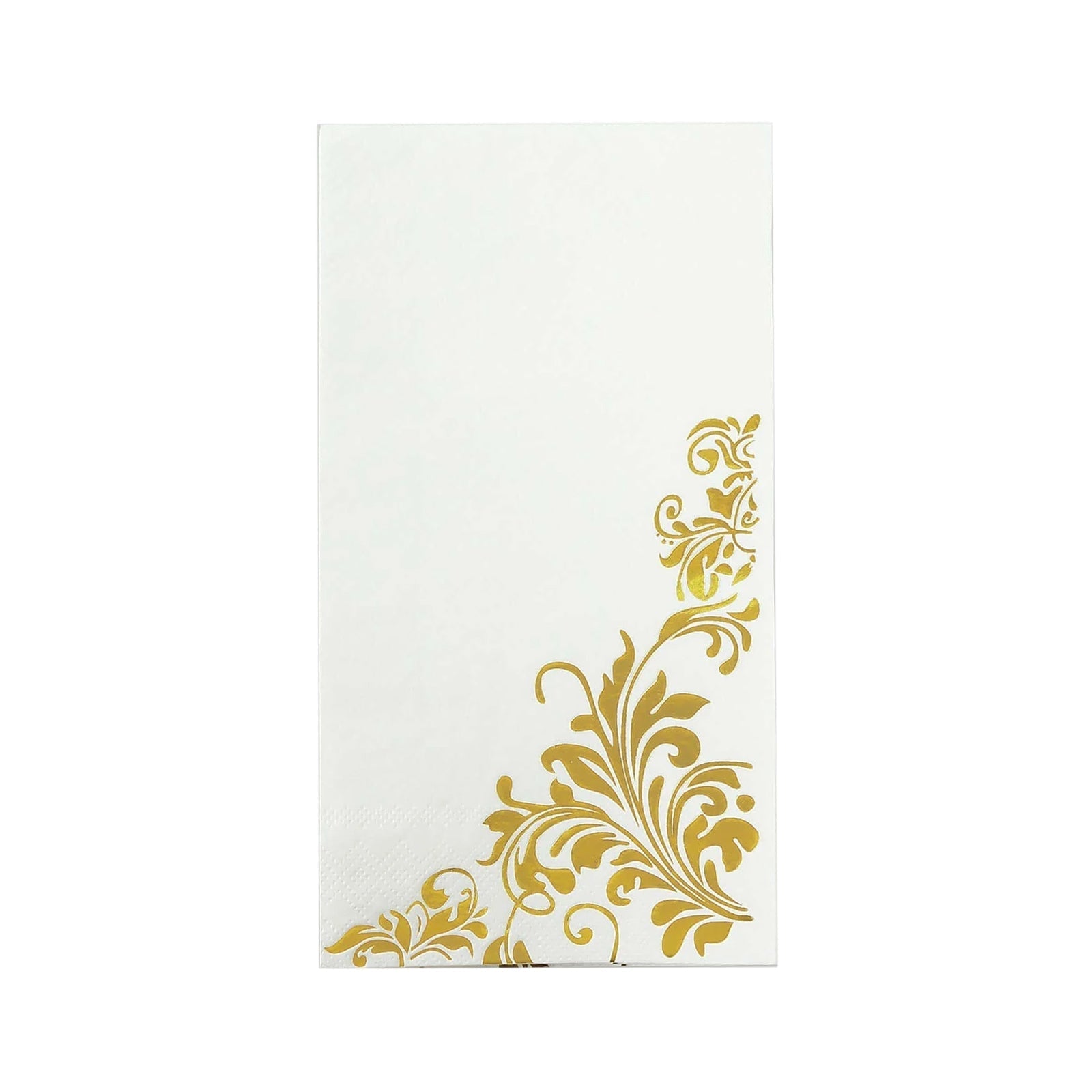 50 - Pack Paper Napkins White with Gold Baroque Floral Print - Stylish Disposable Dinner Napkins 8"x4" - Bell Racket Store