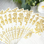 50 - Pack Paper Napkins White with Gold Baroque Floral Print - Stylish Disposable Dinner Napkins 8"x4" - Bell Racket Store