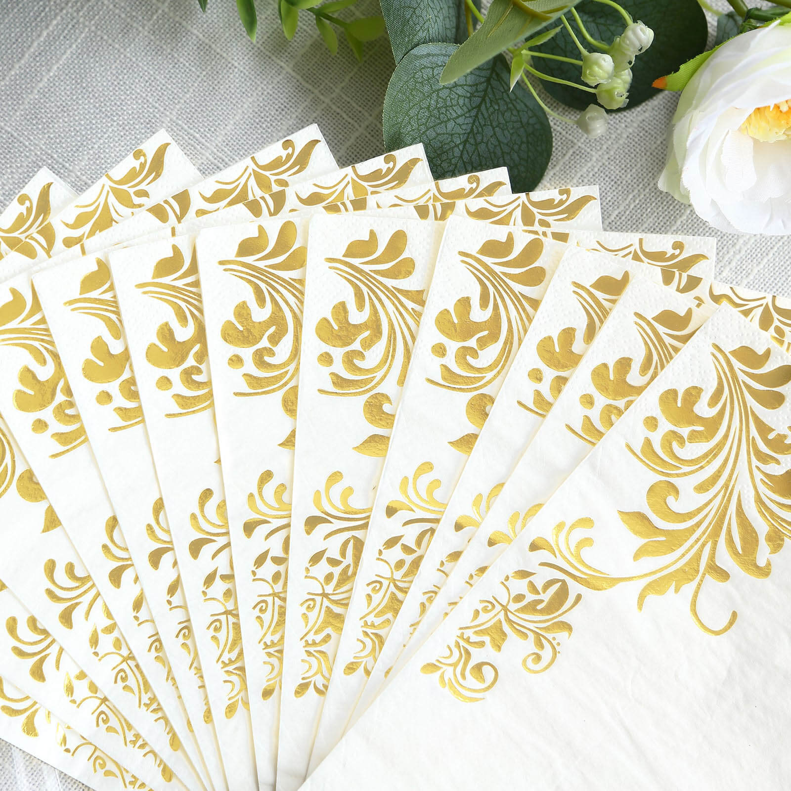 50 - Pack Paper Napkins White with Gold Baroque Floral Print - Stylish Disposable Dinner Napkins 8"x4" - Bell Racket Store