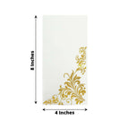 50 - Pack Paper Napkins White with Gold Baroque Floral Print - Stylish Disposable Dinner Napkins 8"x4" - Bell Racket Store