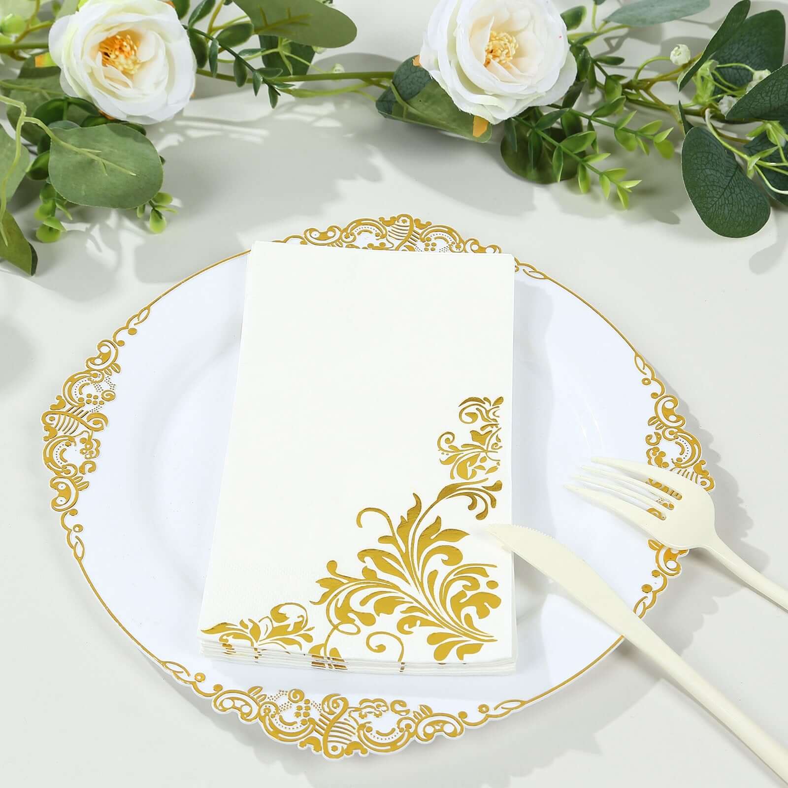 50 - Pack Paper Napkins White with Gold Baroque Floral Print - Stylish Disposable Dinner Napkins 8"x4" - Bell Racket Store