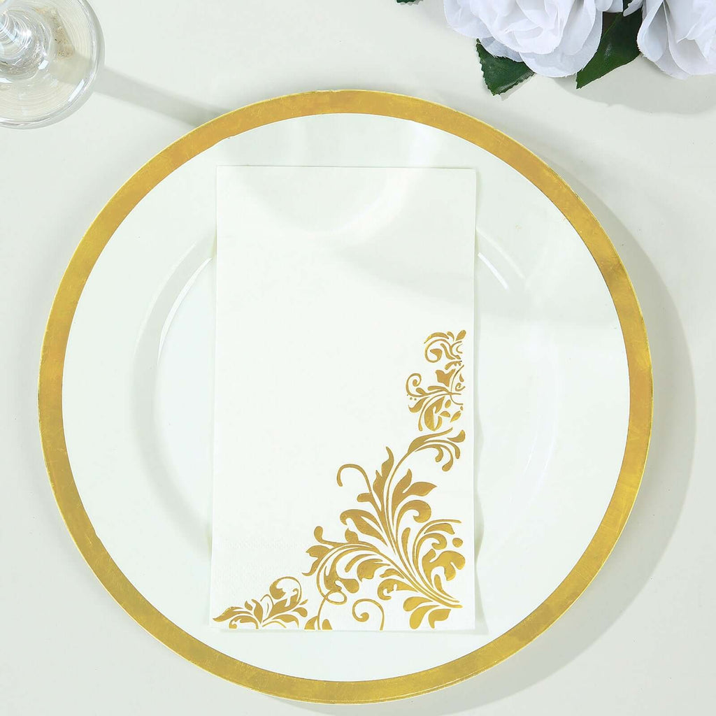 50 - Pack Paper Napkins White with Gold Baroque Floral Print - Stylish Disposable Dinner Napkins 8"x4" - Bell Racket Store