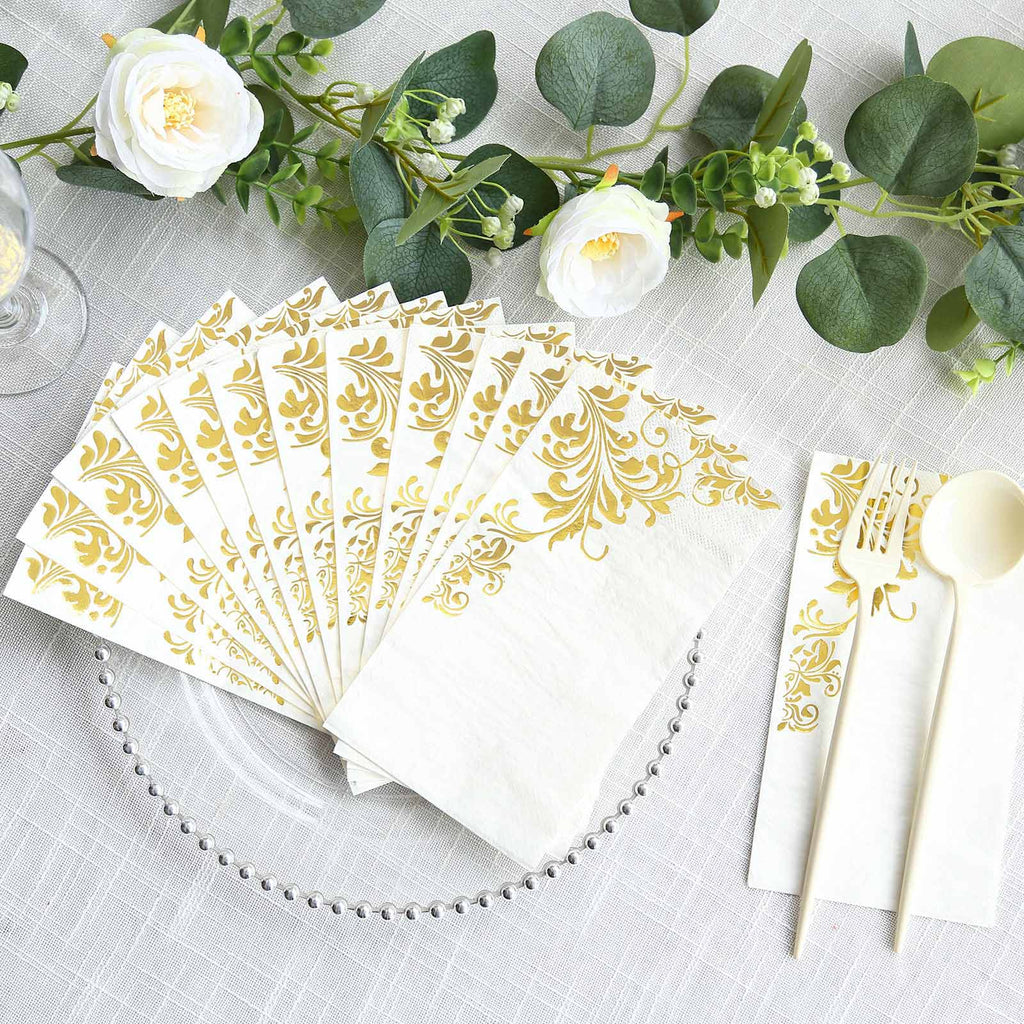 50 - Pack Paper Napkins White with Gold Baroque Floral Print - Stylish Disposable Dinner Napkins 8"x4" - Bell Racket Store