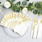 50 - Pack Paper Napkins White with Gold Baroque Floral Print - Stylish Disposable Dinner Napkins 8"x4" - Bell Racket Store