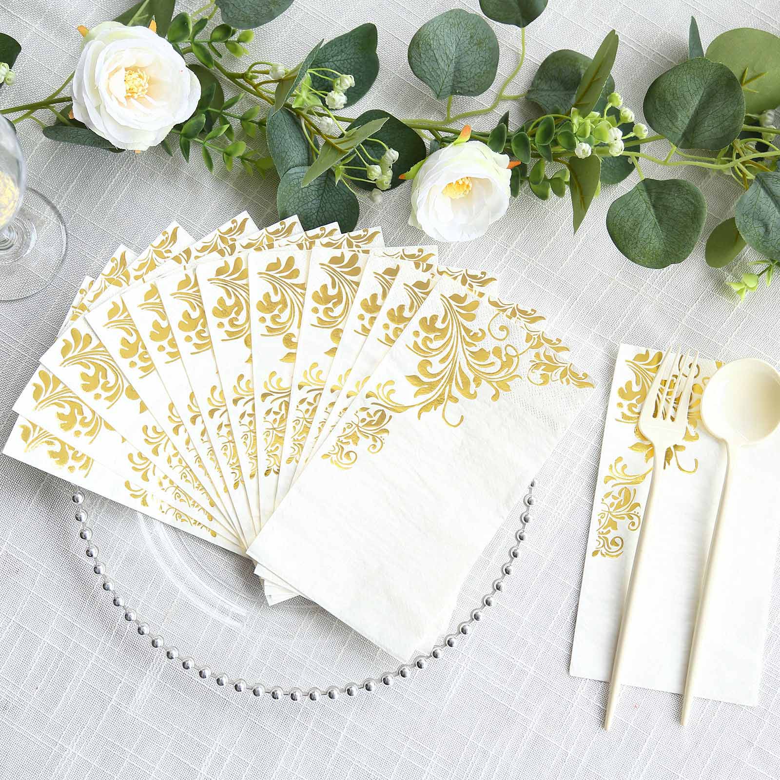 50 - Pack Paper Napkins White with Gold Baroque Floral Print - Stylish Disposable Dinner Napkins 8"x4" - Bell Racket Store