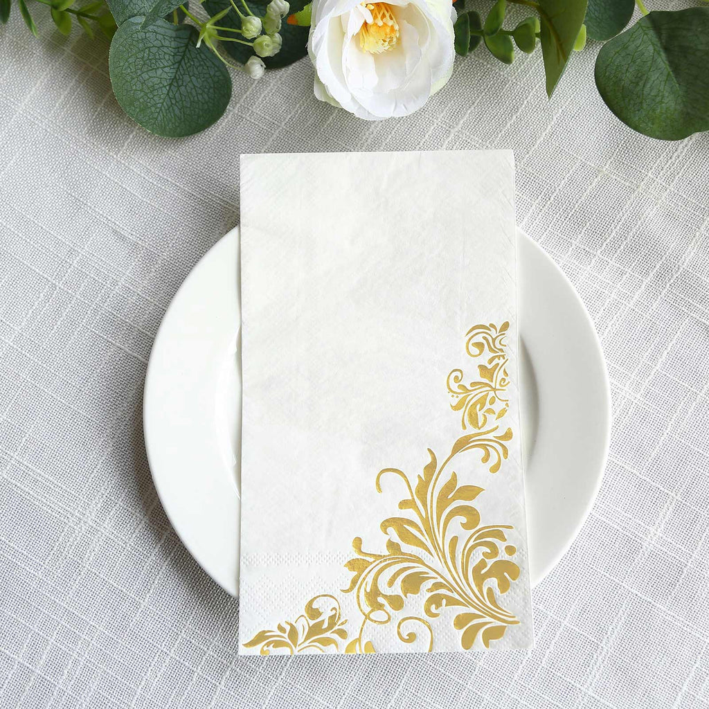 50 - Pack Paper Napkins White with Gold Baroque Floral Print - Stylish Disposable Dinner Napkins 8"x4" - Bell Racket Store