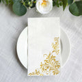 50 - Pack Paper Napkins White with Gold Baroque Floral Print - Stylish Disposable Dinner Napkins 8"x4" - Bell Racket Store