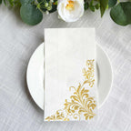 50 - Pack Paper Napkins White with Gold Baroque Floral Print - Stylish Disposable Dinner Napkins 8"x4" - Bell Racket Store