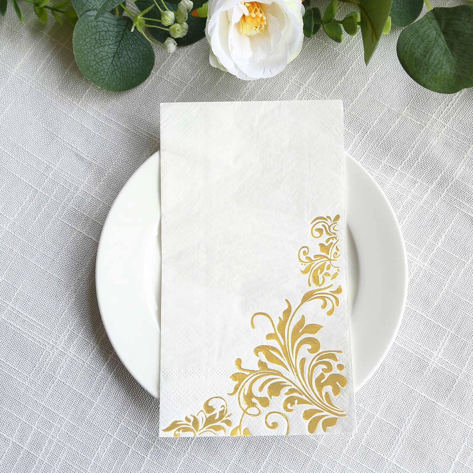 50 - Pack Paper Napkins White with Gold Baroque Floral Print - Stylish Disposable Dinner Napkins 8"x4" - Bell Racket Store