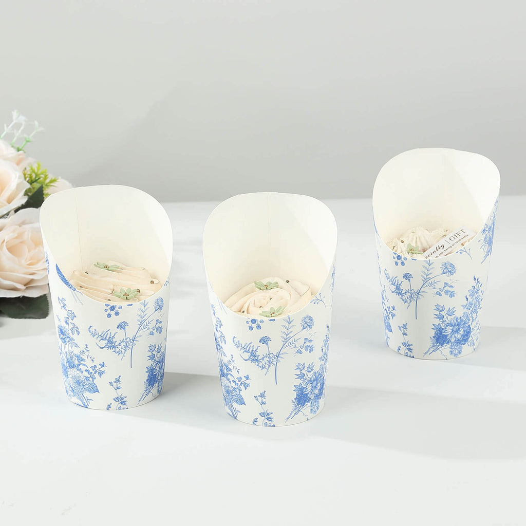 50 - Pack Paper Popcorn Box Cone Cups French Toile Floral Pattern White Blue - Perfect for Snacks 14oz - Bell Racket Store