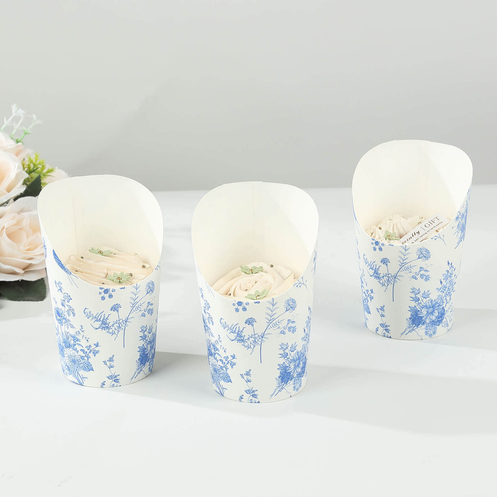 50 - Pack Paper Popcorn Box Cone Cups French Toile Floral Pattern White Blue - Perfect for Snacks 14oz - Bell Racket Store