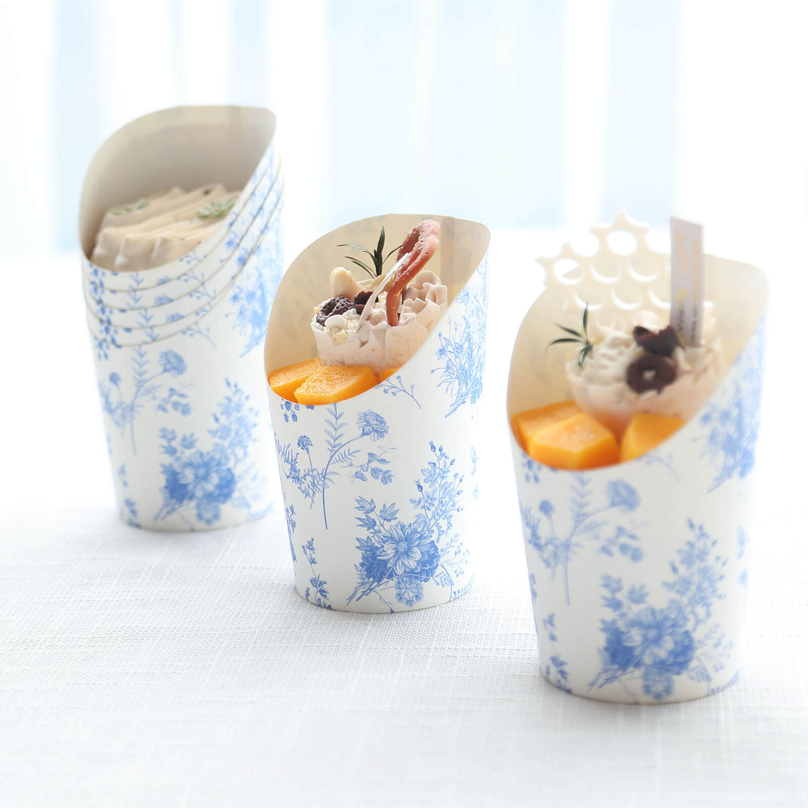50 - Pack Paper Popcorn Box Cone Cups French Toile Floral Pattern White Blue - Perfect for Snacks 14oz - Bell Racket Store