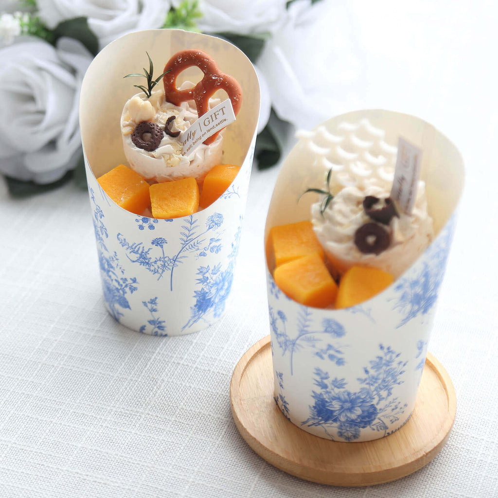 50 - Pack Paper Popcorn Box Cone Cups French Toile Floral Pattern White Blue - Perfect for Snacks 14oz - Bell Racket Store