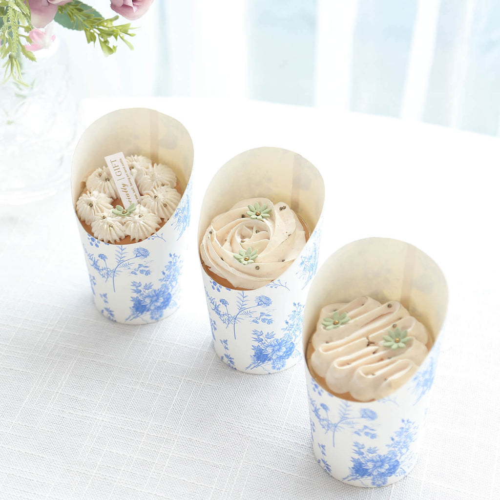 50 - Pack Paper Popcorn Box Cone Cups French Toile Floral Pattern White Blue - Perfect for Snacks 14oz - Bell Racket Store