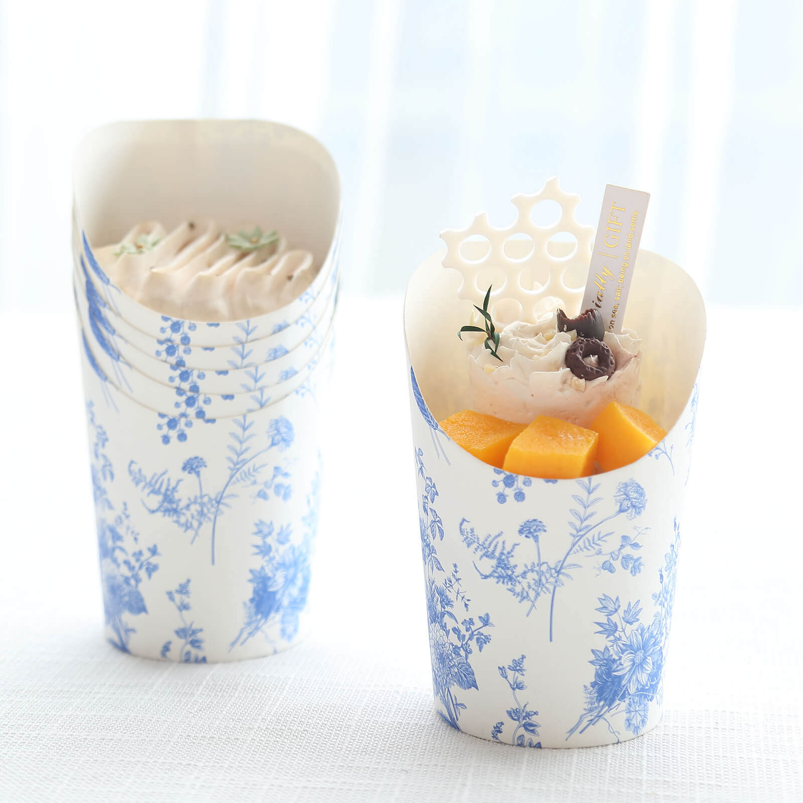50 - Pack Paper Popcorn Box Cone Cups French Toile Floral Pattern White Blue - Perfect for Snacks 14oz - Bell Racket Store