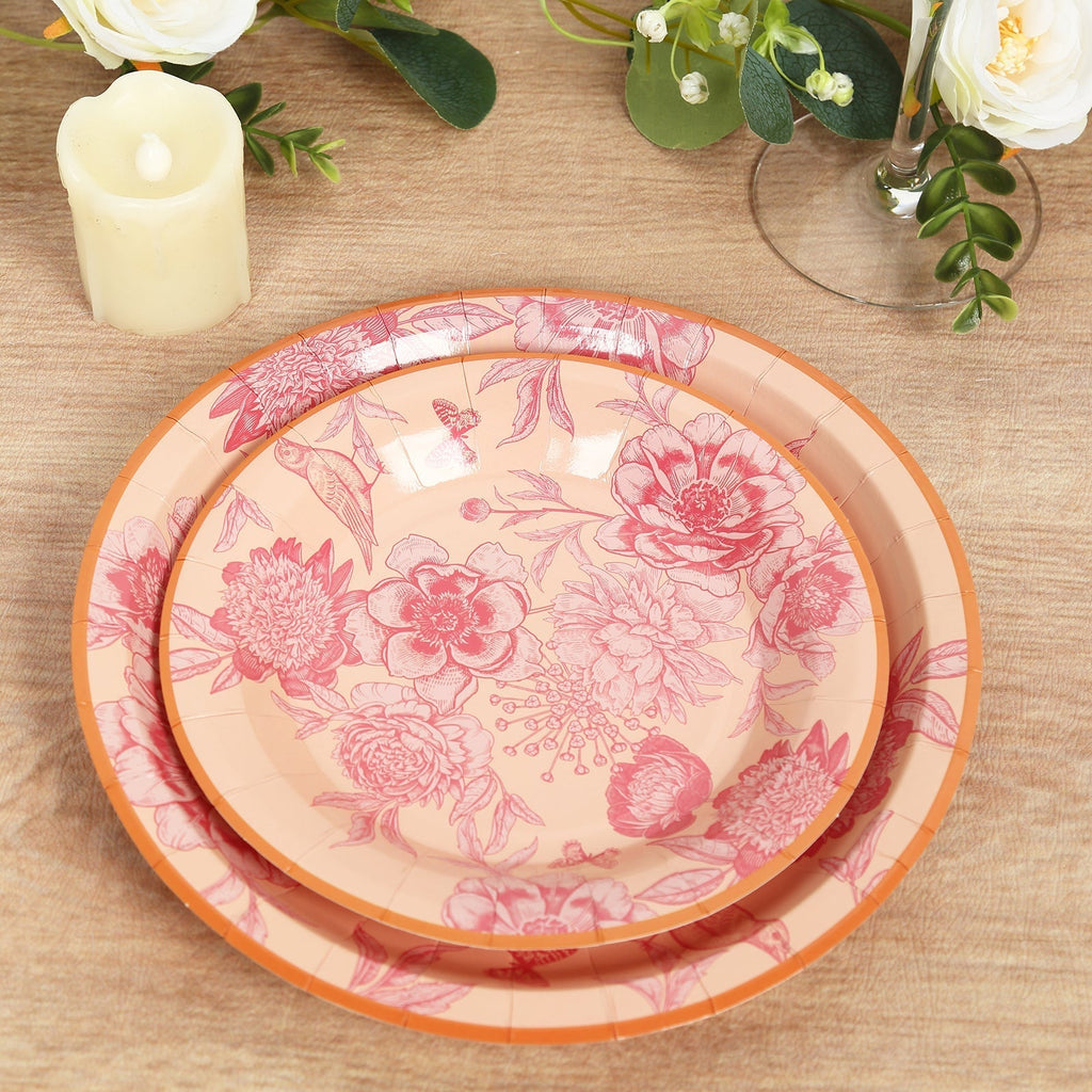 50 - Pack Paper Round Dessert and Dinner Plates in Dusty Rose Spring Floral Print with Gold Rim for Table Decor 7", 9" - Bell Racket Store