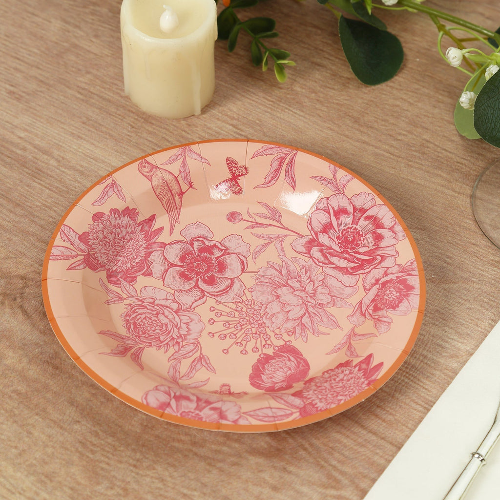 50 - Pack Paper Round Dessert and Dinner Plates in Dusty Rose Spring Floral Print with Gold Rim for Table Decor 7", 9" - Bell Racket Store