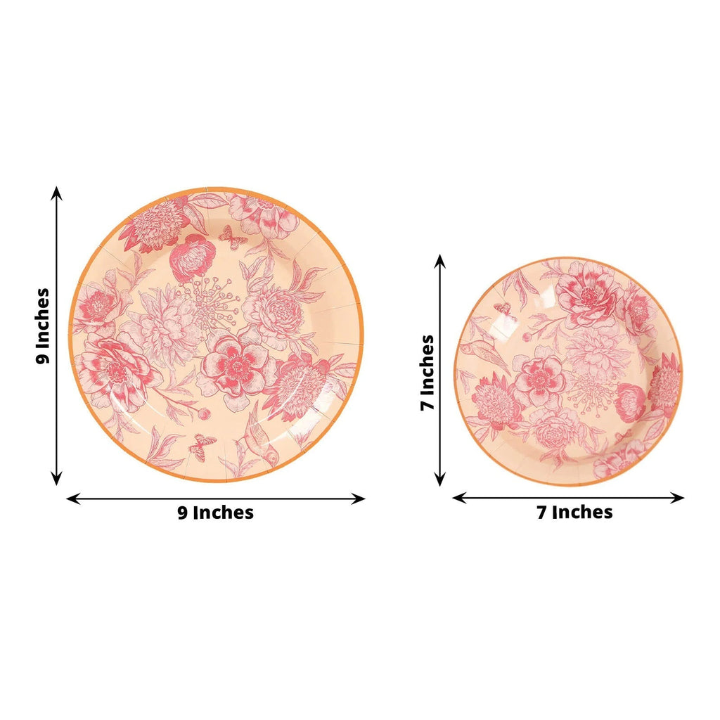50 - Pack Paper Round Dessert and Dinner Plates in Dusty Rose Spring Floral Print with Gold Rim for Table Decor 7", 9" - Bell Racket Store