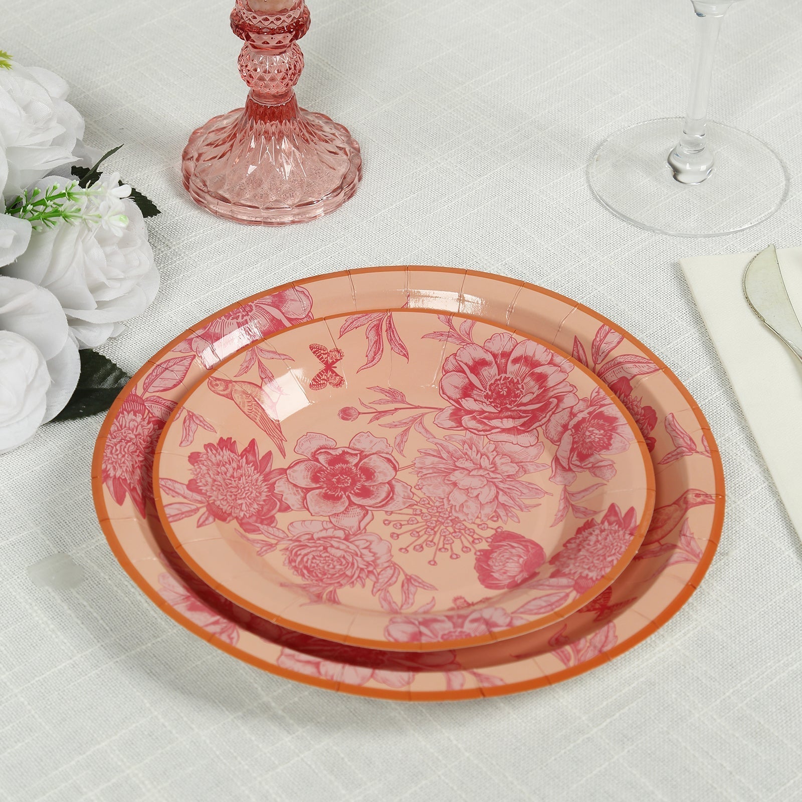 50 - Pack Paper Round Dessert and Dinner Plates in Dusty Rose Spring Floral Print with Gold Rim for Table Decor 7", 9" - Bell Racket Store