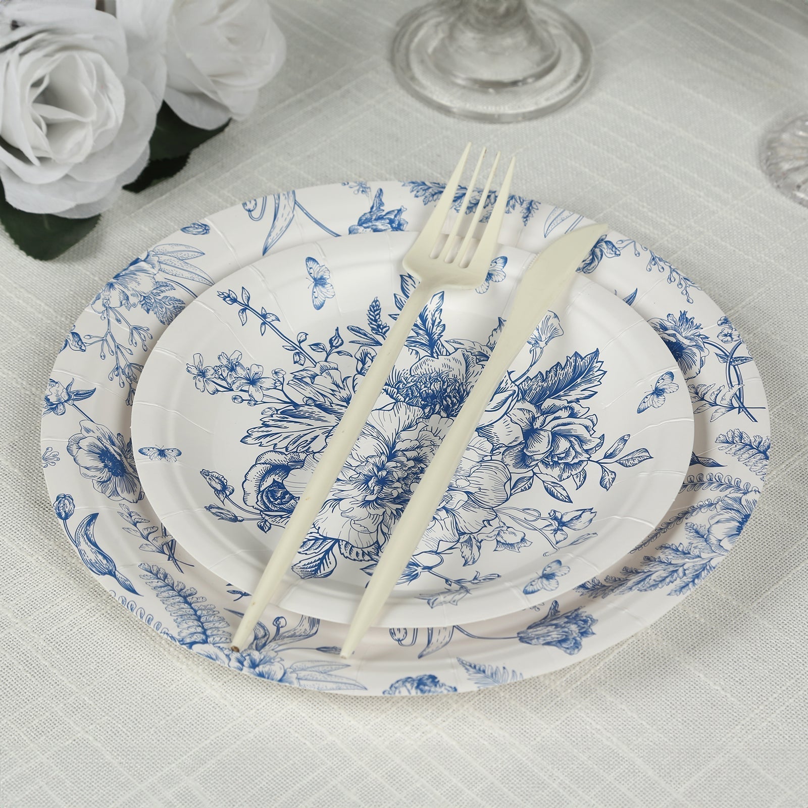 50 - Pack Paper Round Dessert and Dinner Plates in White with Blue French Toile Pattern 7", 9" - Bell Racket Store