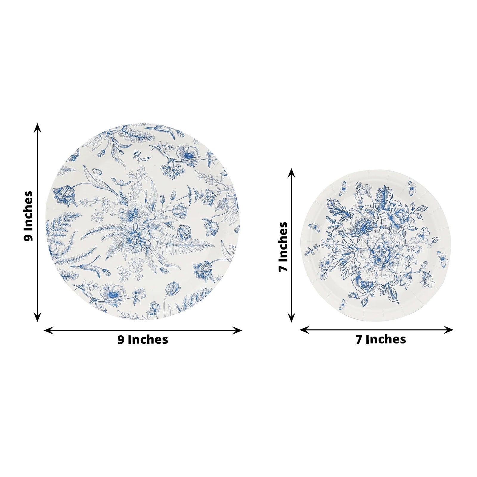 50 - Pack Paper Round Dessert and Dinner Plates in White with Blue French Toile Pattern 7", 9" - Bell Racket Store