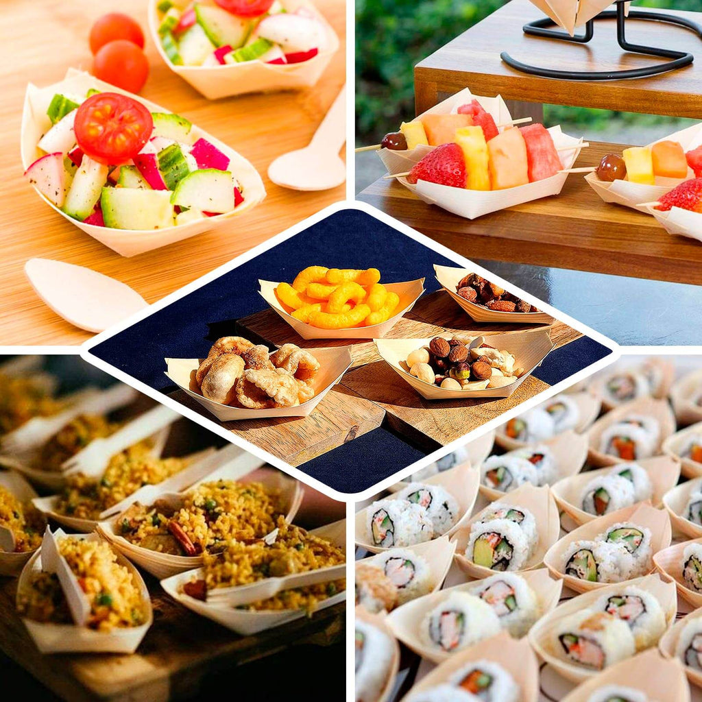 50 - Pack Pine Wood Boat Shaped Food Trays Natural Compostable Design - 100% Biodegradable Sushi Snack Plates 6" - Bell Racket Store