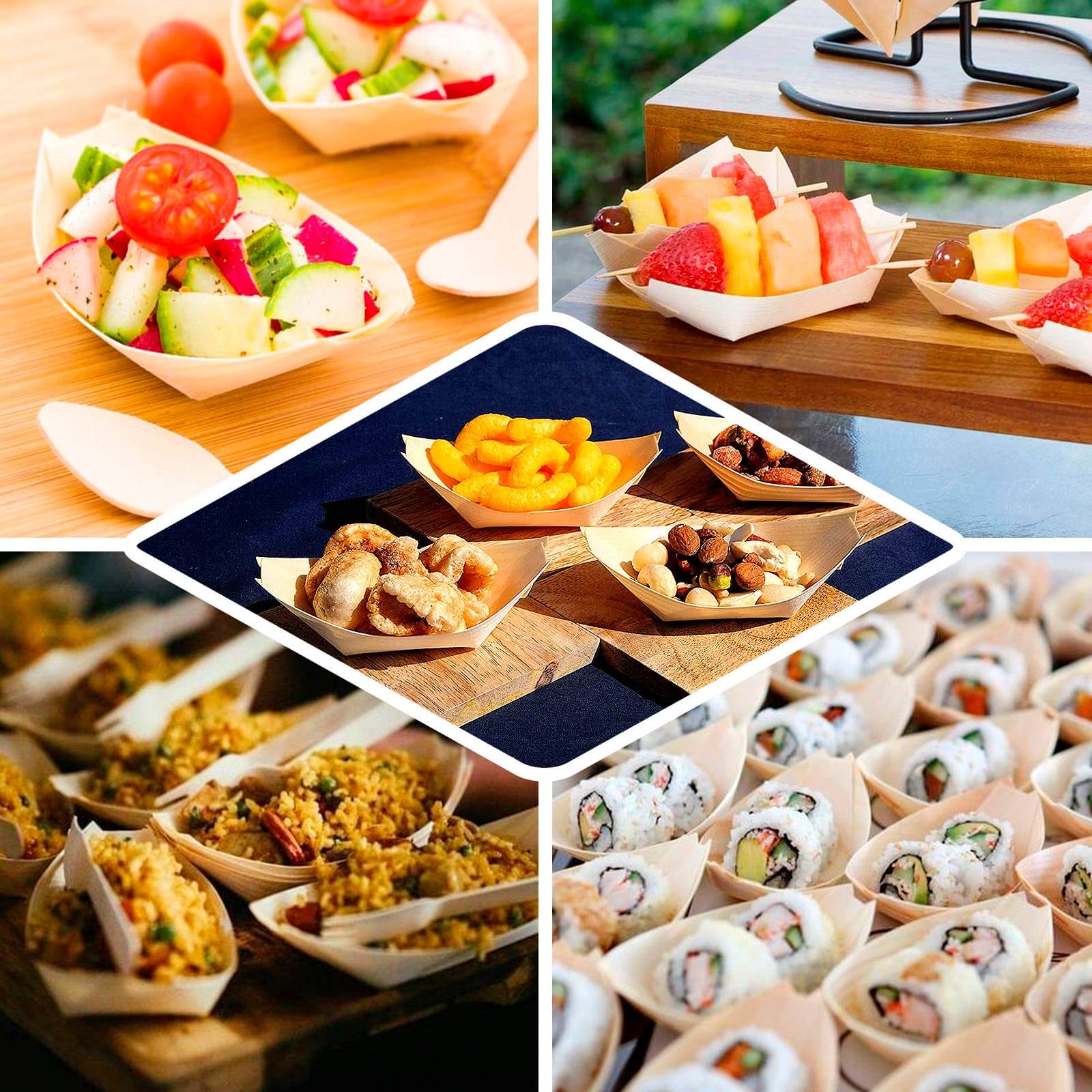 50 - Pack Pine Wood Boat Shaped Food Trays Natural Compostable Design - 100% Biodegradable Sushi Snack Plates 6" - Bell Racket Store