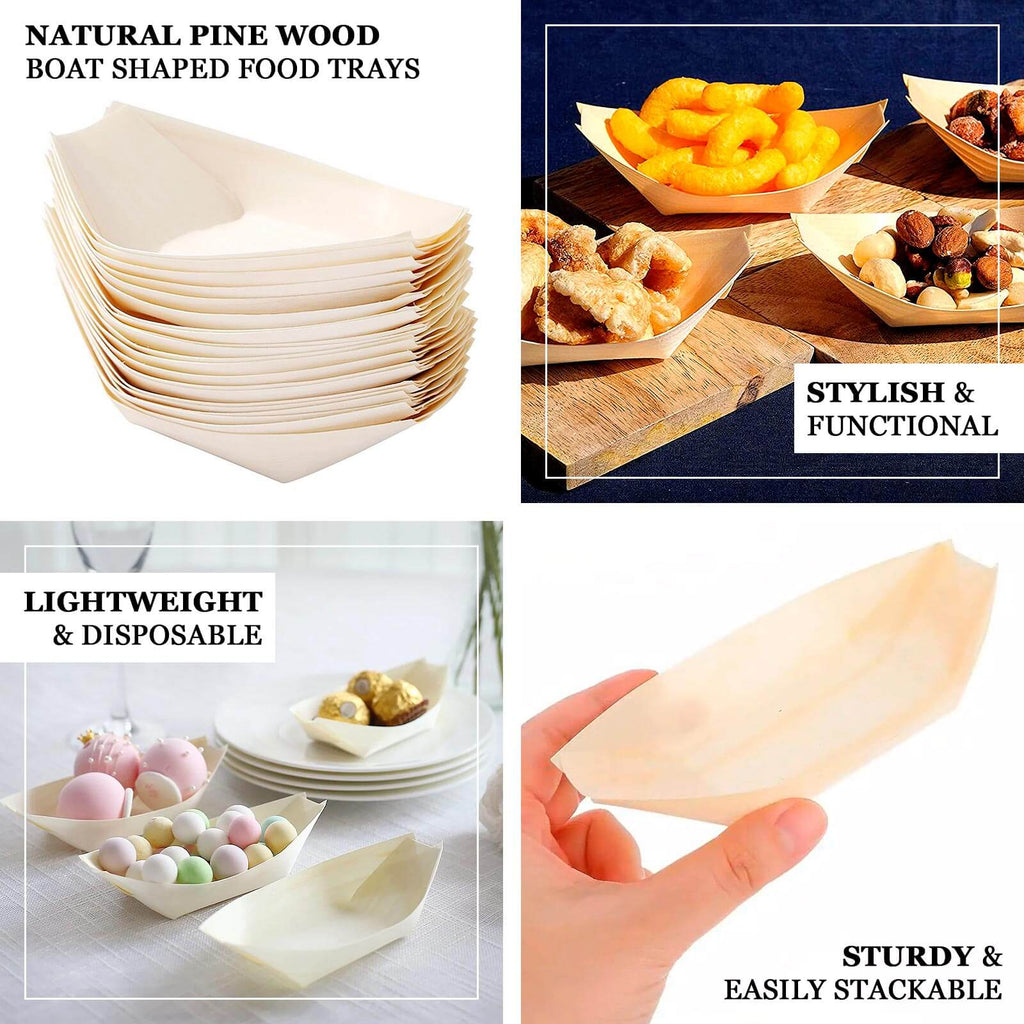 50 - Pack Pine Wood Boat Shaped Food Trays Natural Compostable Design - 100% Biodegradable Sushi Snack Plates 6" - Bell Racket Store