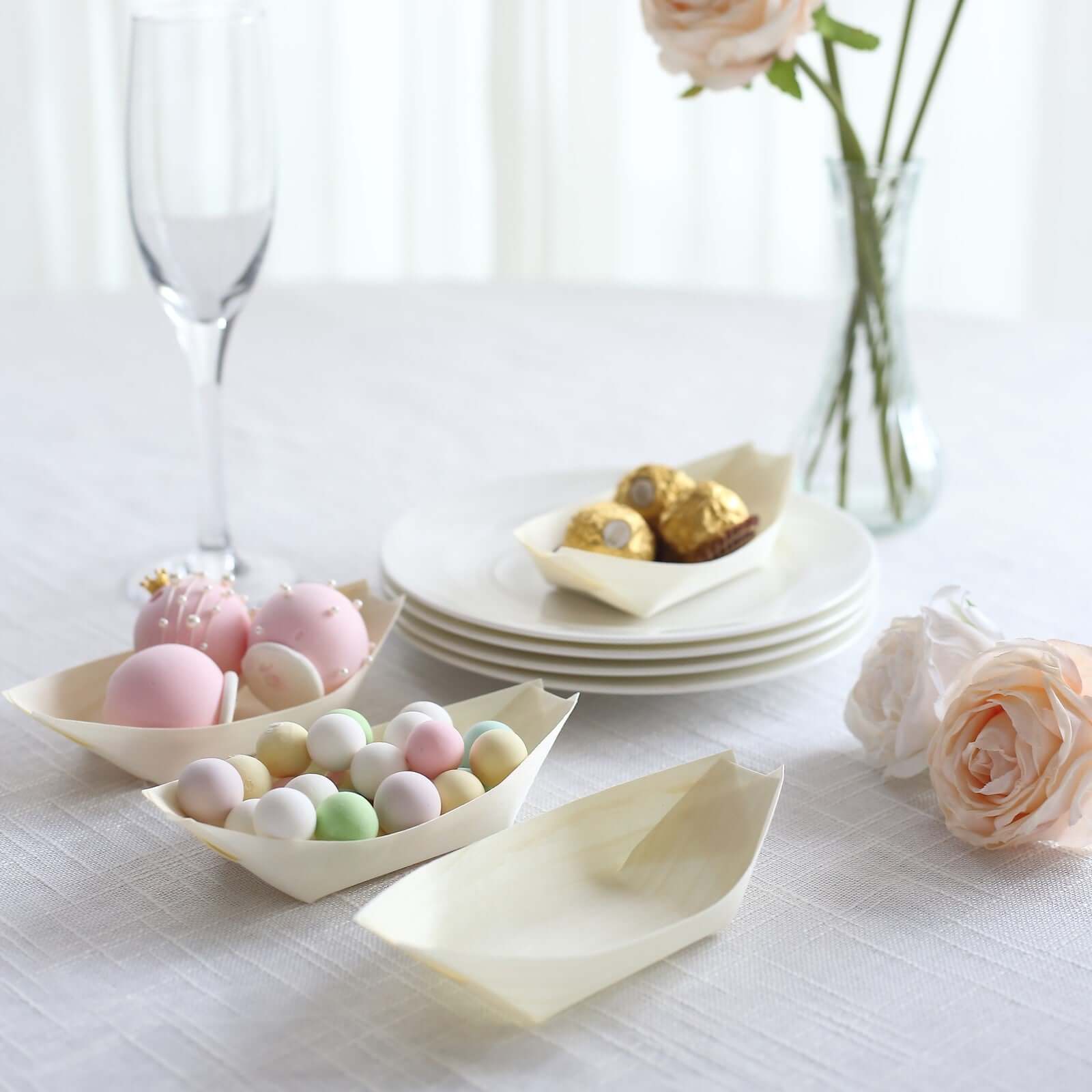 50 - Pack Pine Wood Boat Shaped Food Trays Natural Compostable Design - 100% Biodegradable Sushi Snack Plates 6" - Bell Racket Store