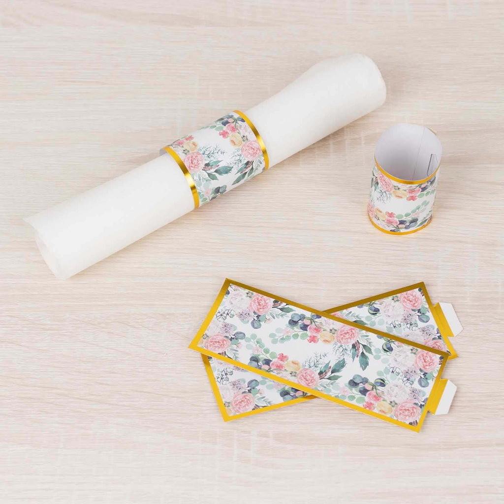 50 Pack Pink Peony Floral Paper Napkin Holder Bands with Gold Edge, Disposable Napkin Rings - 1.5" - Bell Racket Store