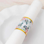50 Pack Pink Peony Floral Paper Napkin Holder Bands with Gold Edge, Disposable Napkin Rings - 1.5" - Bell Racket Store