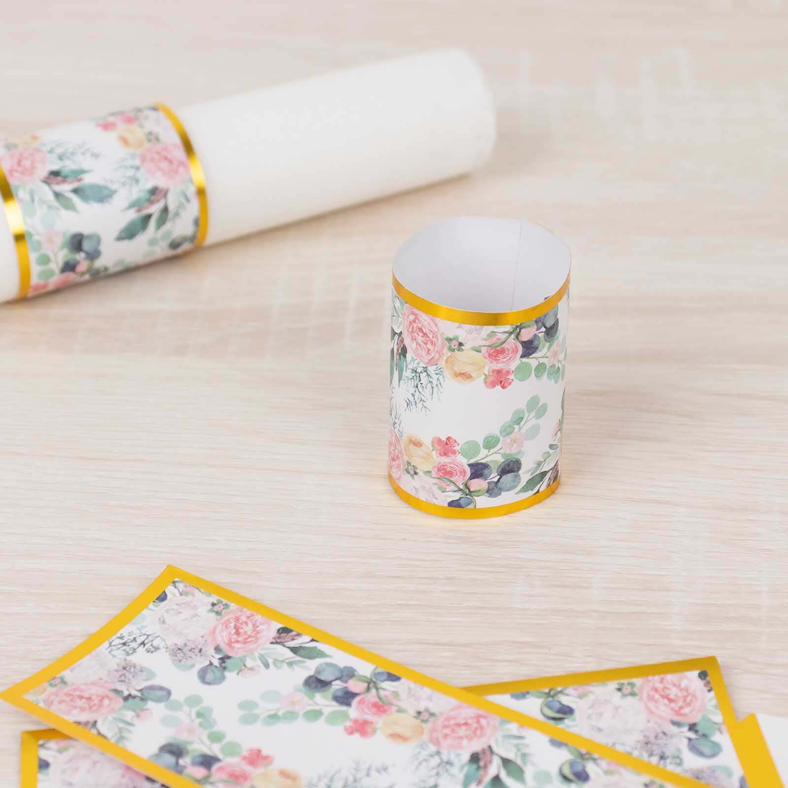 50 Pack Pink Peony Floral Paper Napkin Holder Bands with Gold Edge, Disposable Napkin Rings - 1.5" - Bell Racket Store