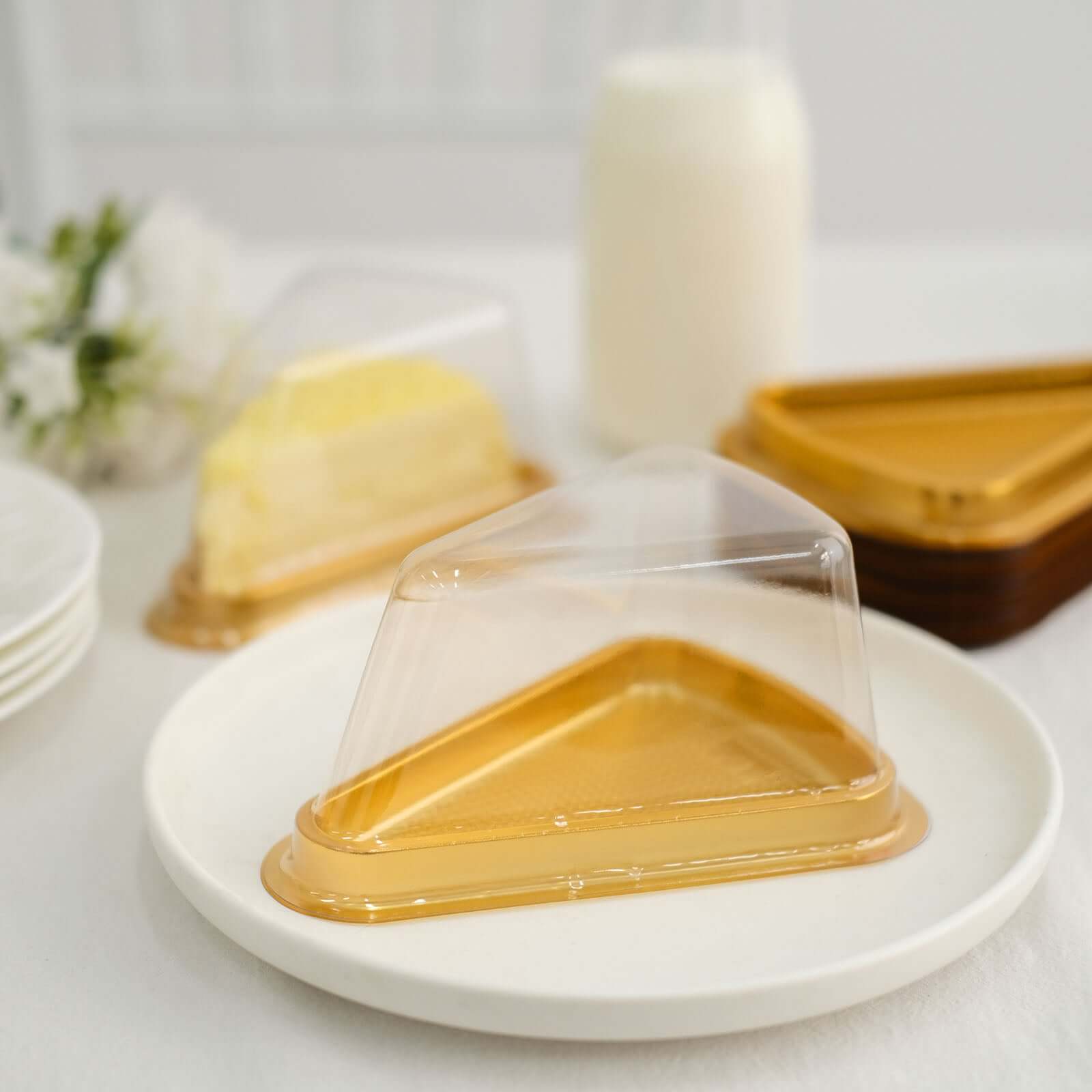 50 - Pack Plastic Cake Slice Favor Containers Gold/Clear - Chic Individual Cheesecake Pie Party Favor Boxes with Lid for Events & Catering 6"x4.5"x2.5" - Bell Racket Store