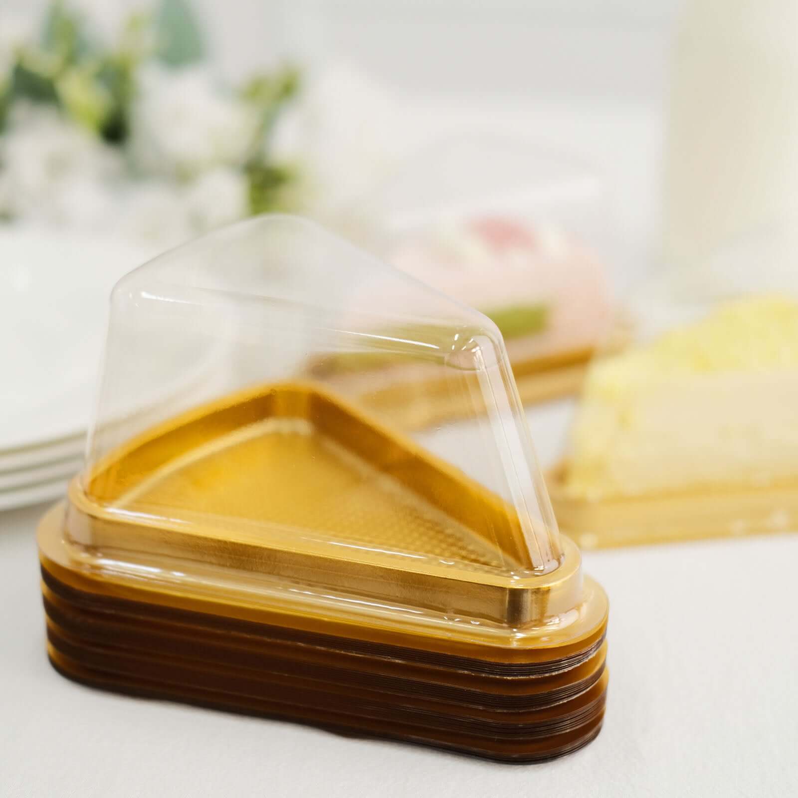50 - Pack Plastic Cake Slice Favor Containers Gold/Clear - Chic Individual Cheesecake Pie Party Favor Boxes with Lid for Events & Catering 6"x4.5"x2.5" - Bell Racket Store