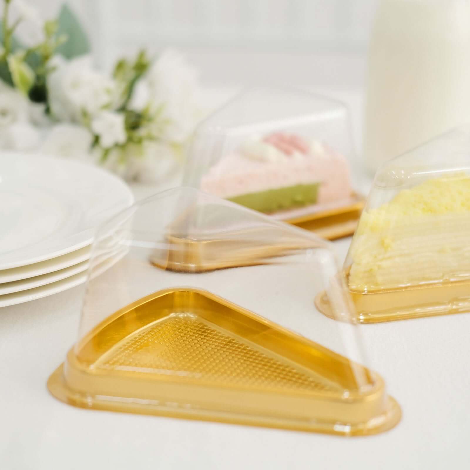 50 - Pack Plastic Cake Slice Favor Containers Gold/Clear - Chic Individual Cheesecake Pie Party Favor Boxes with Lid for Events & Catering 6"x4.5"x2.5" - Bell Racket Store