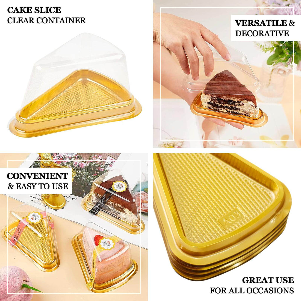 50 - Pack Plastic Cake Slice Favor Containers Gold/Clear - Chic Individual Cheesecake Pie Party Favor Boxes with Lid for Events & Catering 6"x4.5"x2.5" - Bell Racket Store