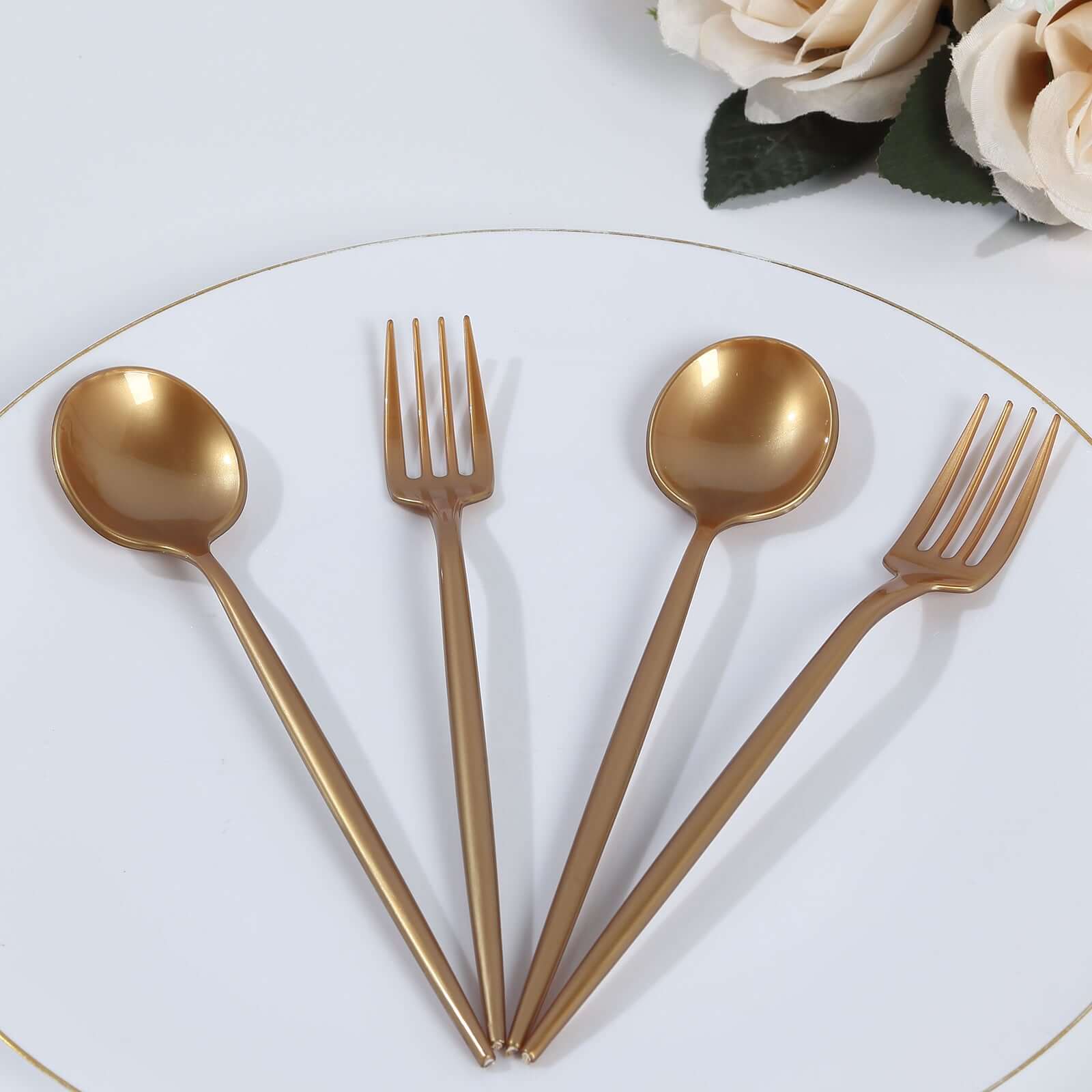 50 - Pack Plastic Dessert Forks and Spoons with Gold Shiny Finish - Heavy Duty Disposable Silverware - Bell Racket Store