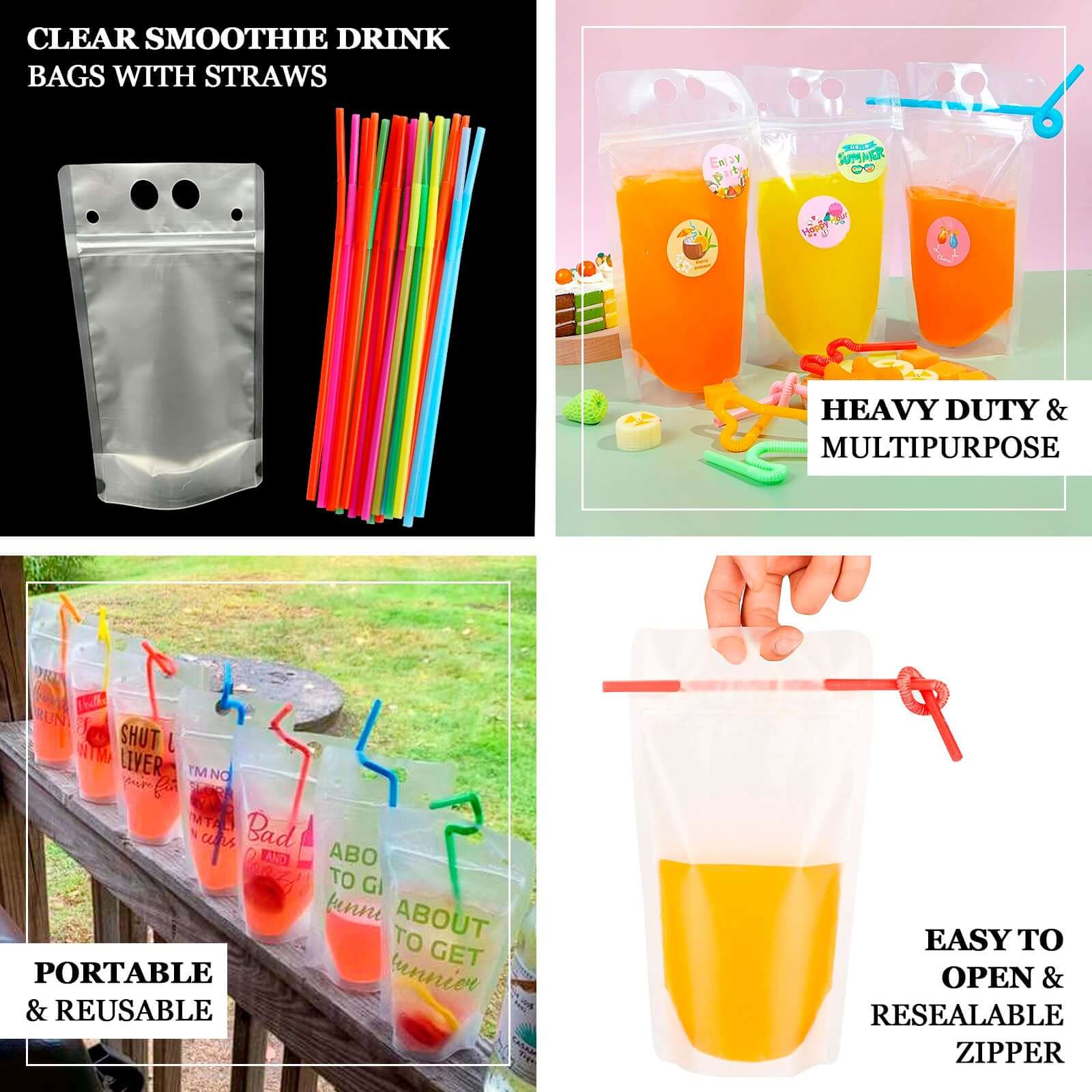 50 - Pack Plastic Drink Pouches 12oz Clear - Stand Up Reclosable Hand - Held Juice Smoothie Drink Bags with Straws and Zipper for Travel & Festivals - Bell Racket Store