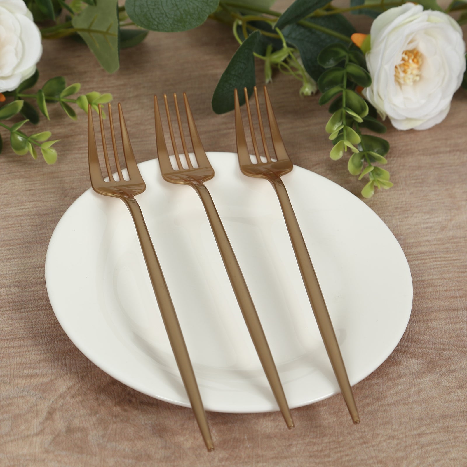 50 - Pack Plastic Forks Gold - Premium Disposable Heavy Duty Sleek Dinner Flatware - Bell Racket Store