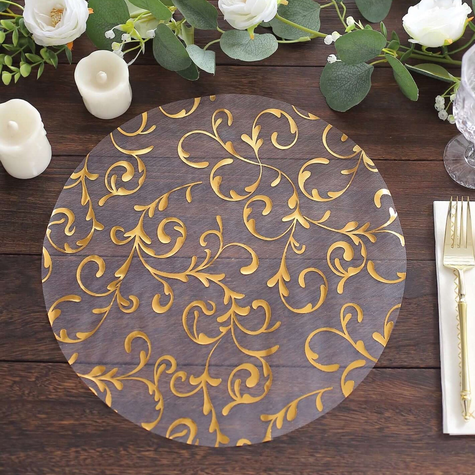 50 - Pack Table Placemats Embossed Foil Flower Design Metallic Gold Round - Sheer Organza Disposable Mats 13" - Bell Racket Store