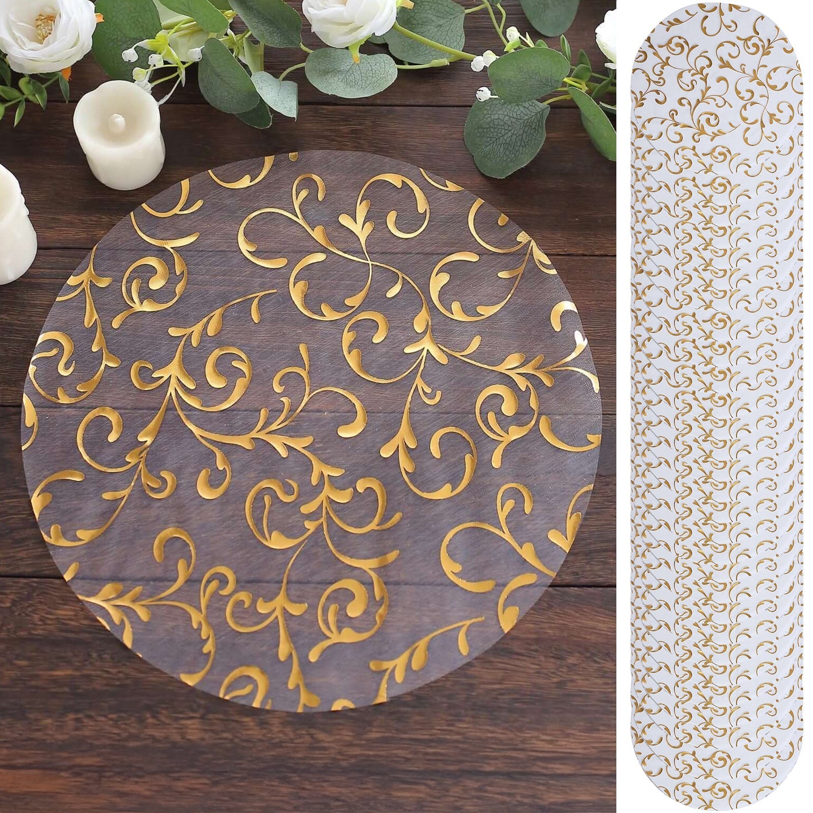 50 - Pack Table Placemats Embossed Foil Flower Design Metallic Gold Round - Sheer Organza Disposable Mats 13" - Bell Racket Store