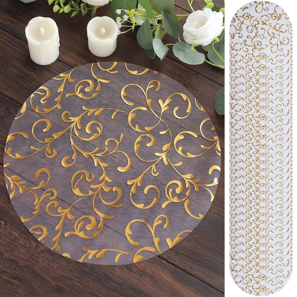 50 - Pack Table Placemats Embossed Foil Flower Design Metallic Gold Round - Sheer Organza Disposable Mats 13" - Bell Racket Store