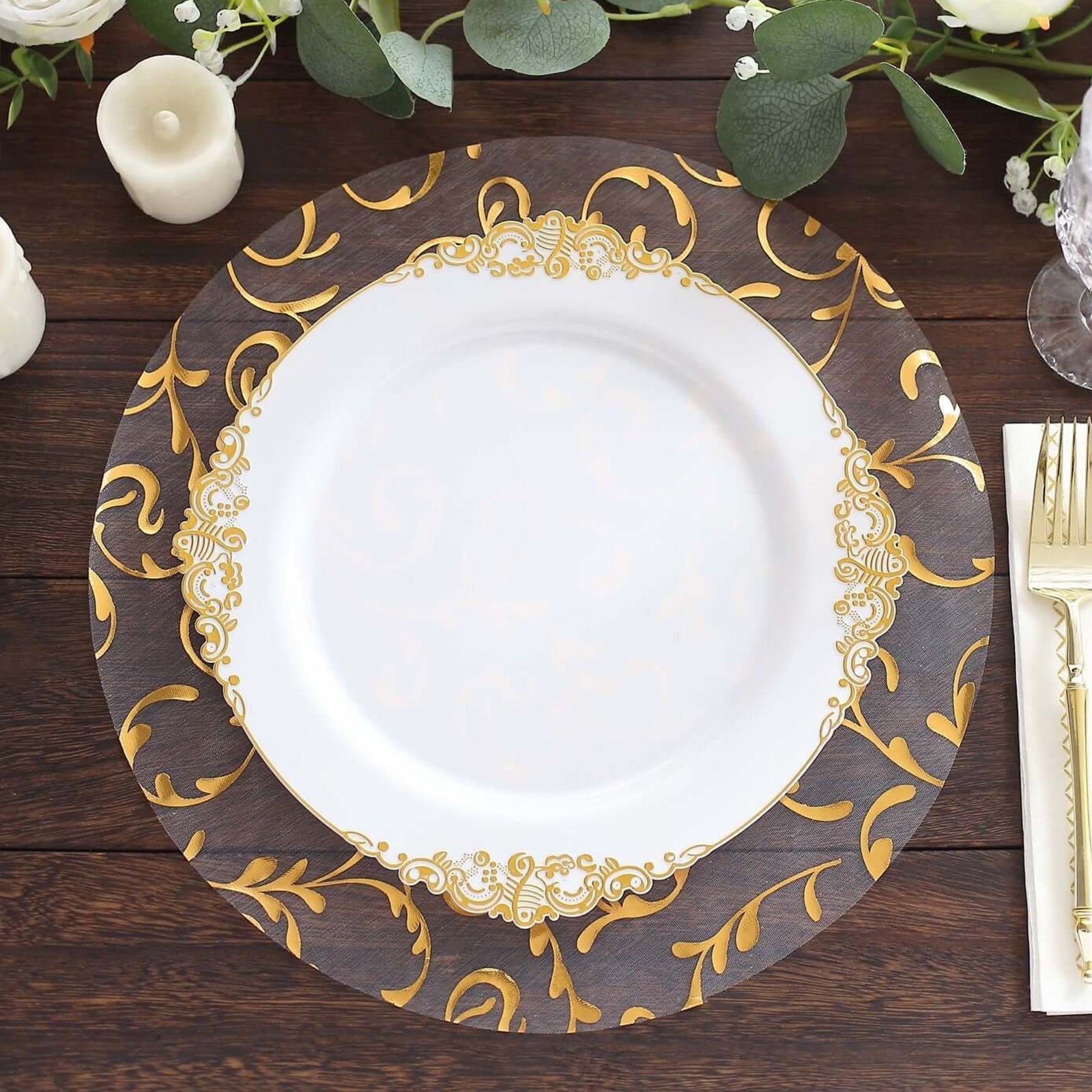 50 - Pack Table Placemats Embossed Foil Flower Design Metallic Gold Round - Sheer Organza Disposable Mats 13" - Bell Racket Store