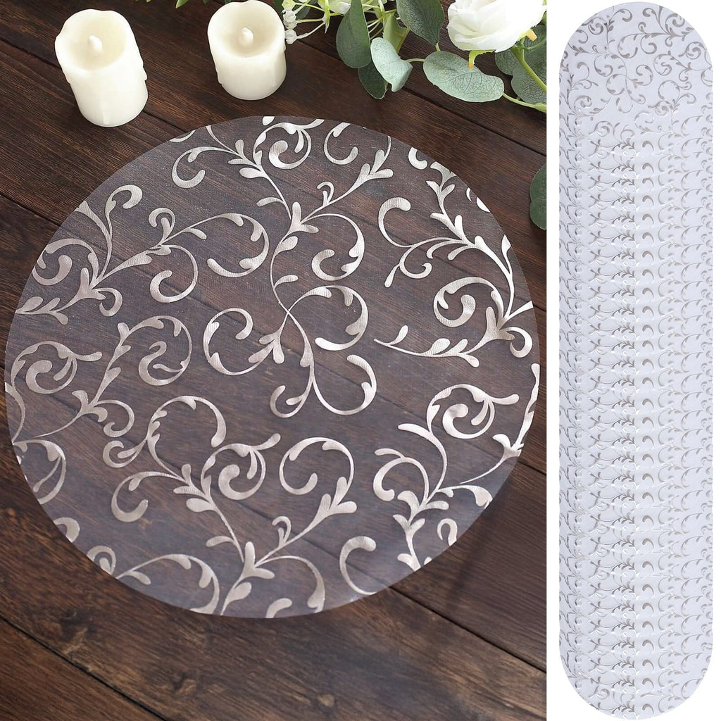 50 - Pack Table Placemats Embossed Foil Flower Design Metallic Silver Round - Sheer Organza Disposable Mats 13" - Bell Racket Store
