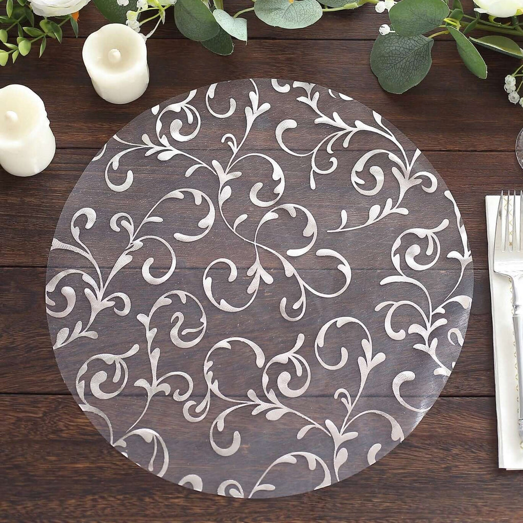 50 - Pack Table Placemats Embossed Foil Flower Design Metallic Silver Round - Sheer Organza Disposable Mats 13" - Bell Racket Store