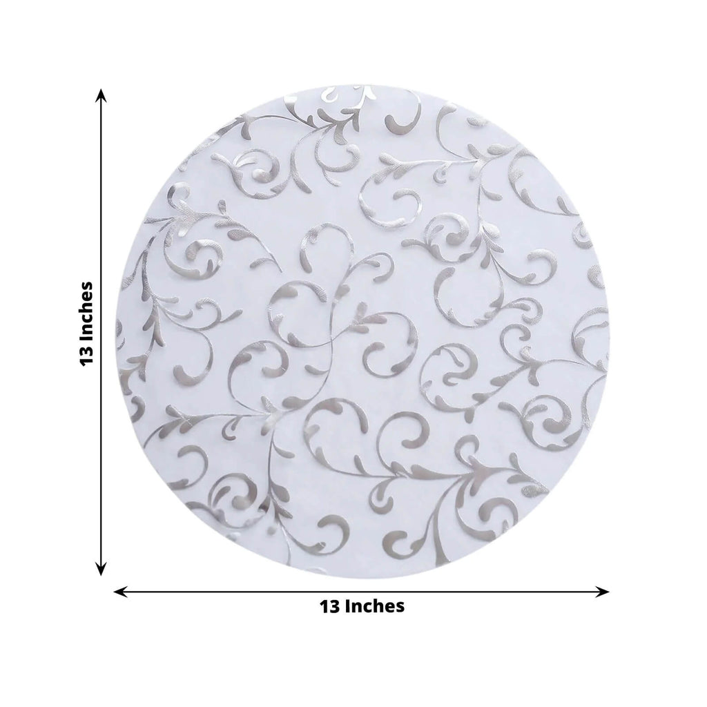 50 - Pack Table Placemats Embossed Foil Flower Design Metallic Silver Round - Sheer Organza Disposable Mats 13" - Bell Racket Store